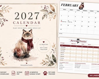 2027 Cat Calendar Printable | A4 Landscape Monthly Planner | Sunday Start | 14 Page PDF | Pet Care Tracker | Digital Download