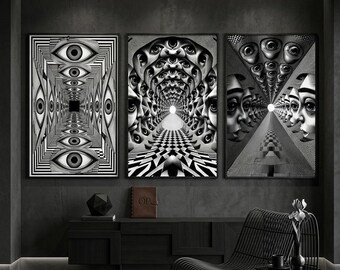 Trippy Wall Art Set of 3, Psychedelic Eye Poster, Surreal Optical Illusion Print, Black White Bedroom Decor, Instant Download