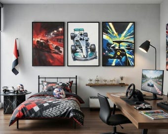 Racing Car Wall Art Set of 3, Boys Bedroom Decor, Speed Poster Gift for Him, Gaming Room Print, Man Cave Decor, Instant Download