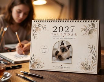 2027 Cat Calendar Printable | Add Your Own Cat Photo | 12 Watercolor Cat PNG Bundle | Pet Care Tracker | A4 PDF