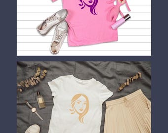 Cricut SVG Bundle, Feminine Woman Face Design, Floral Line Art T-Shirt, Sublimation Clipart, 15 Colors, Commercial Use, Instant Download