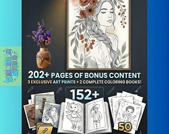 Boho Wall Art Printable, Floral Woman Line Art, Botanical Minimalist Decor, Coloring Book Bundle, Instant Download
