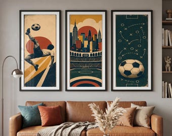 Vintage Soccer Wall Art Set of 3, Retro Football Stadium Triptych, Sports Fan Printable Decor Download
