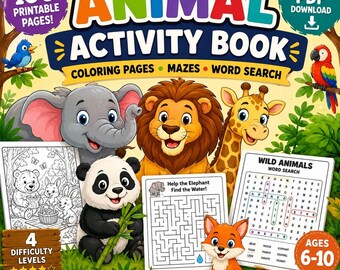 Animal Activity Book for Kids Ages 6-10 | 100 Printable Pages | Coloring Pages, Mazes & Word Search PDF