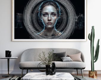 Trippy Wall Art, Surreal Optical Illusion Portrait, Black White Psychedelic Poster, Bedroom Decor Gift for Him, Instant Download