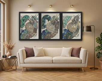 Abstract Triptych Wall Art, Emerald Green Gold Textured Print (Digital Download)
