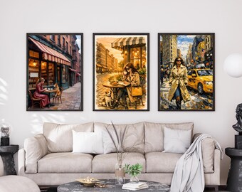 Paris Cafe Wall Art Set of 3, NYC Street Print, European City Gallery Decor, Gift for Traveler, Vintage Travel Printable, Instant Download