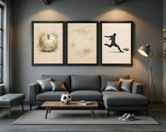 Vintage Soccer Wall Art Set of 3, Boys Bedroom Decor, Football Poster Gift for Him, Man Cave Print, Coach Fathers Day, Instant Download
