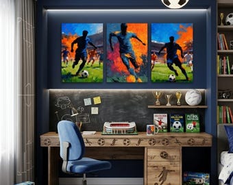 Soccer Wall Art Set of 3, Football Player Painting, Sports Poster Bundle, Boys Room Decor, Stadium Art Prints, Digital Download