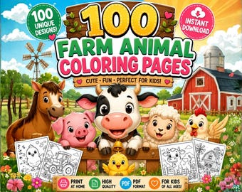 100 Farm Animal Coloring Pages for Kids | Printable Coloring Book PDF | Cute Hand Drawn Farm Animals | Instant Download