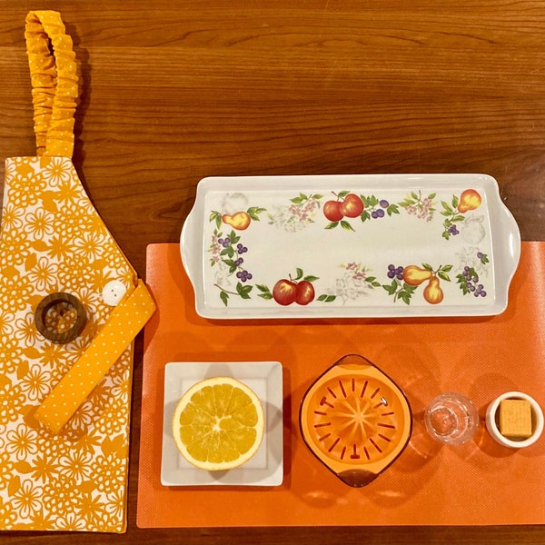 Orange Juicing Activity| Montessori Citrus Juicing Lesson | Montessori Apron, Citrus Juicer, Glass and Tray | Food Preparation Activity