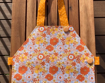 Orange Floral Montessori Apron | Orange Flower Child's Montessori Primary Apron with two buttons | 3-6 y-old Apron | Floral Apron for Kids