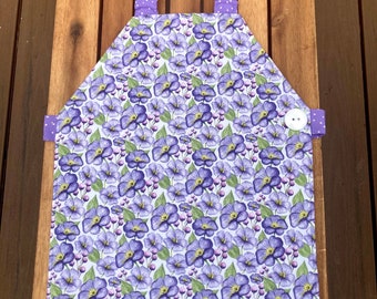 Purple Flower Montessori Apron with White Button | Child's Montessori Primary Apron with Purple Flowers | 3-6 year-old Apron for Kids
