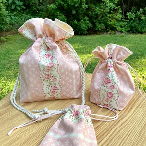 Handmade Pink Roses Cotton Drawstring Bag: Reusable Gift Pouch