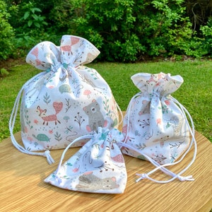 Forest Friends Animal Drawstring Bags| Baby Shower Gift Bag| Reusable Animal Print Fabric Drawstring Pouch| Baby Shower Prize Bag