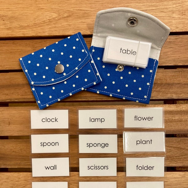 Small Montessori Snap Pouch with Environment Labels | Small Montessori Language Pouch | Small Blue Snap-Close Pouch