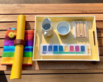 Watercolor Activity| Montessori Watercolor painting Lesson | Colorful Montessori Apron with watercolors, pitcher & bowl | Child Art Activity