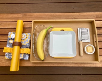 Banana Cutting Activity| Montessori 3-6y Banana Slicing Lesson | Montessori Apron, Wavy Chopper, Plate and Tray | Food Preparation Activity