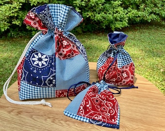 Bandana Drawstring Bags| Reusable Bandana Fabric Drawstring Pouch| Project Bag