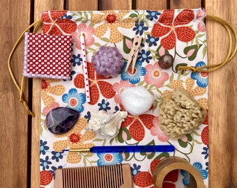 Floral Montessori Mystery Bag Activity With Objects | Montessori Stereognostic Bag (8.5" x 10.5")| Montessori Handmade Cloth Drawstring Bag