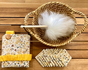 Yellow Flower Montessori Dusting Activity | Handmade Floral Montessori Apron, Basket, Duster, and 12 Dust Cloths| Child Cleaning Activity