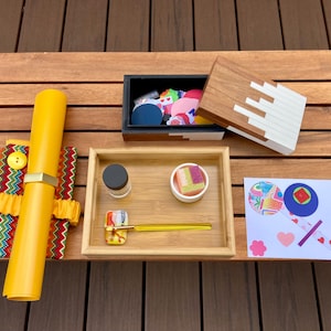 Montessori Collage Activity Set: Argyle Apron, Art Supplies, Underlay, and Cardstock Pieces for Gluing