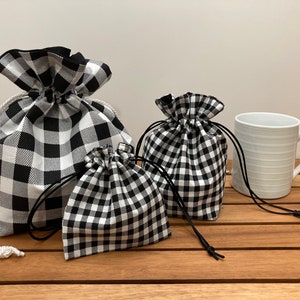 Black Checkered Gift Bags Reusable Black and White Fabric Drawstring Pouch Decorative Gift Bag image 5