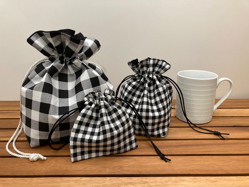 Black Checkered Gift Bags Reusable Black and White Fabric Drawstring Pouch Decorative Gift Bag image 5