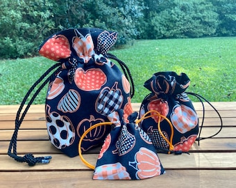 Sac de gâteries fait main citrouille d'automne : pochette en coton réutilisable