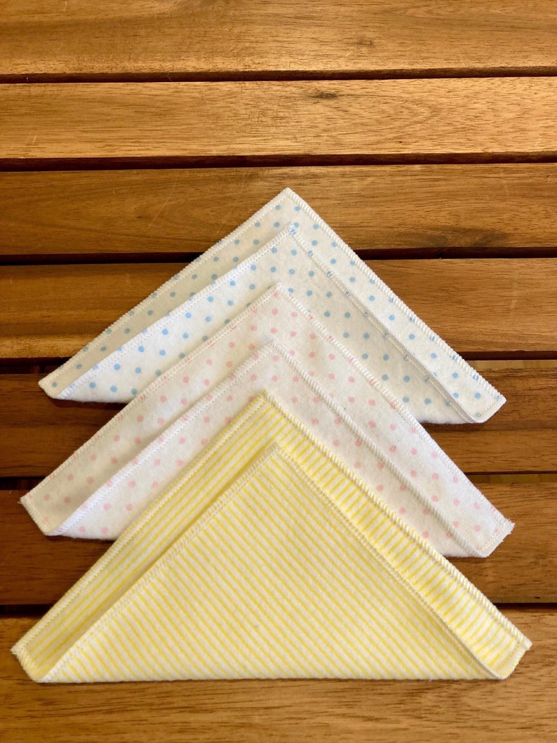 Montessori Polishing Cloths Yellow, Pink, or Blue Small Flannel Double Layer Dust Cloths Small Polka Dot or Striped Cleaning Cloths image 1