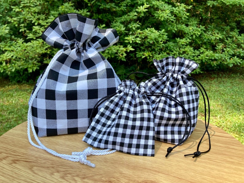 Black Checkered Gift Bags Reusable Black and White Fabric Drawstring Pouch Decorative Gift Bag image 1