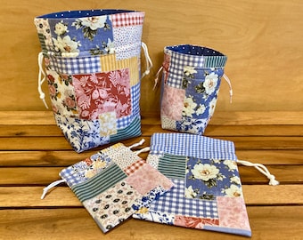 Spring Patchwork Drawstring Bags | Spring Party Favor Treat Bags| Reusable Fabric Drawstring Pouch | Decorative Patchwork Gift Bag