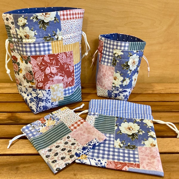 Spring Patchwork Drawstring Bags | Spring Party Favor Treat Bags| Reusable Fabric Drawstring Pouch | Decorative Patchwork Gift Bag