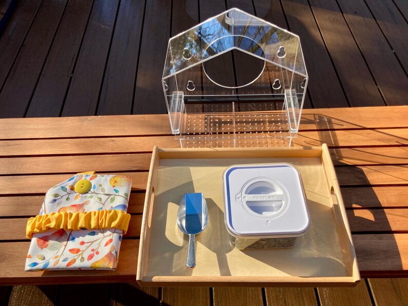 Montessori Bird Feeding Lesson: Apron, Tray, Scoop, Seed and Bird Feeder image 8