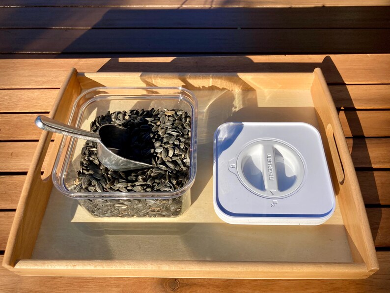 Montessori Bird Feeding Lesson: Apron, Tray, Scoop, Seed and Bird Feeder image 2