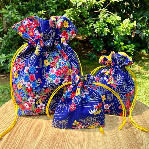 Handmade Custom Blue Floral Drawstring Bags| Reusable Kimono Fabric Drawstring Pouch| Premium Decorative Jewelry Bag |Fully Lined Gift Bag