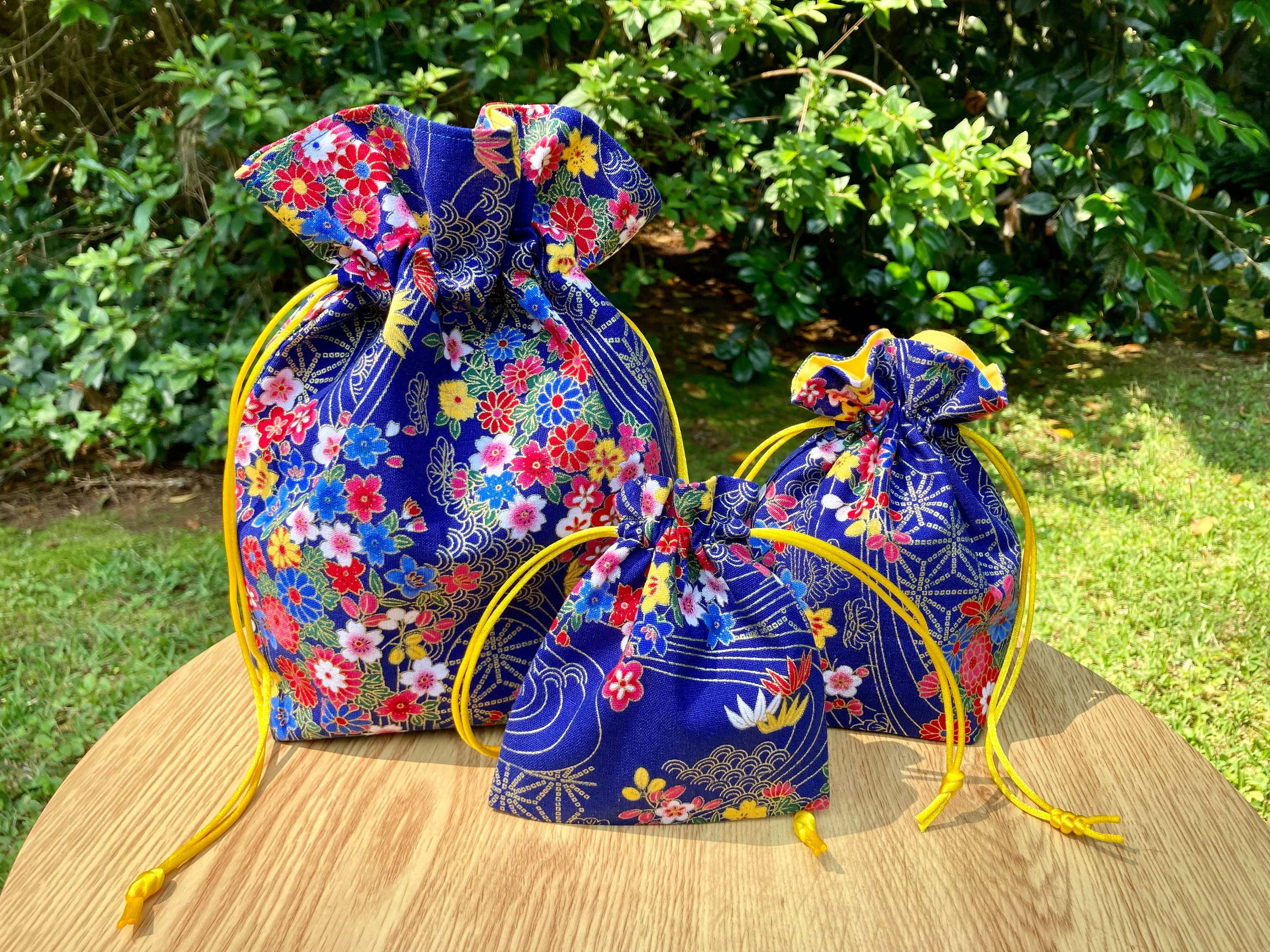 Handmade Blue Floral Drawstring Bags Reusable Kimono Fabric 