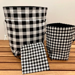 Black Checkered Gift Bags Reusable Black and White Fabric Drawstring Pouch Decorative Gift Bag image 3