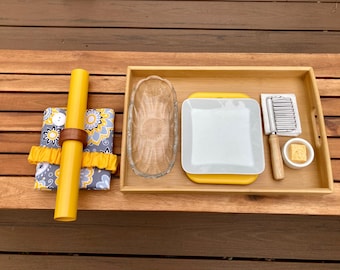 Montessori Primary (3-6) Banana Slicing Set: Apron, Tray, Chopper, Plate. Banana Dish