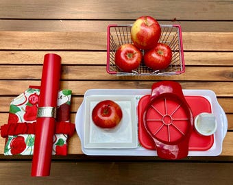 Montessori Apple Cutting Activity Set: Apron, Slicer, Tray