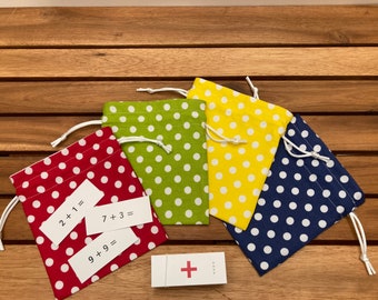 Set of 4 Small Drawstring Bags| Red, Green, Yellow, and Blue Handmade Polka Dot Drawstring Pouch Set| Montessori Math Pouch Set