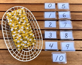 Yellow Memory Game with Numbers- Pouches with Laminated Number Cards| Montessori Math Material | Snap Pouch Set of 12 | Snap-Close Pouches|