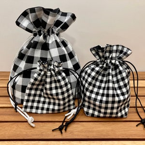 Black Checkered Gift Bags Reusable Black and White Fabric Drawstring Pouch Decorative Gift Bag image 2