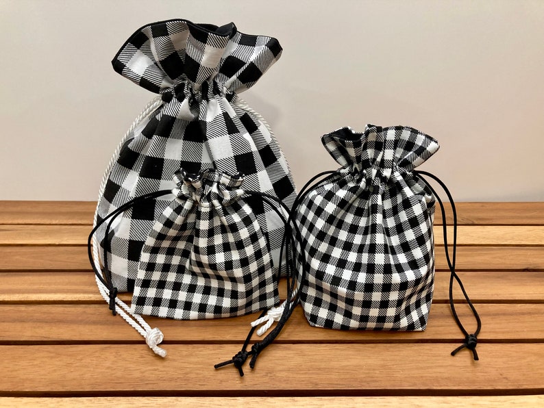 Black Checkered Gift Bags Reusable Black and White Fabric Drawstring Pouch Decorative Gift Bag image 2