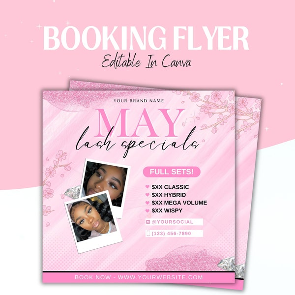 May Lash Specials, Bookings Available Now flyer, Social Media Flyer, Lash Booking Promotional Flyer, Lash Extensions, Canva Template