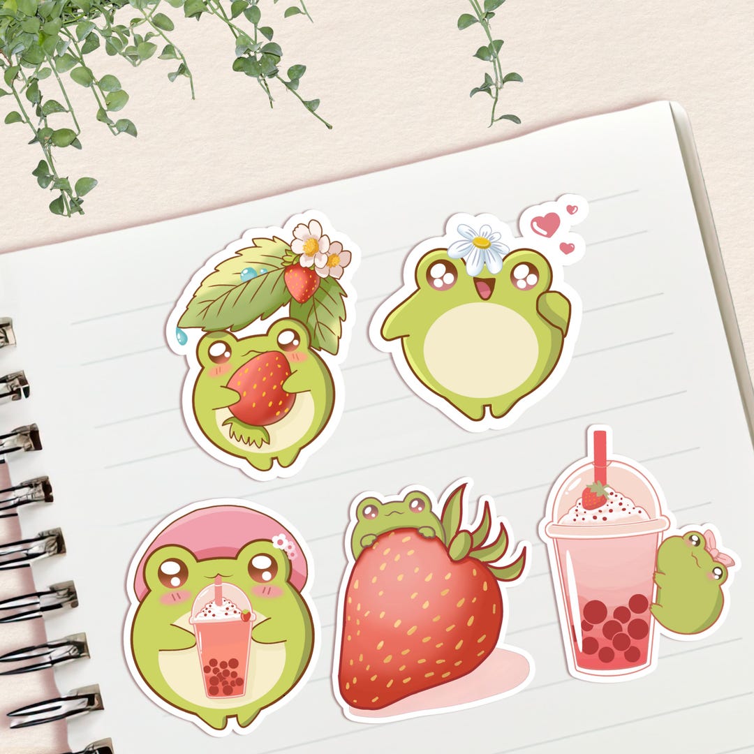 Strawberry Frogs – Cute Frog Sticker Pack | Kawaii Vinyl Stickers ...