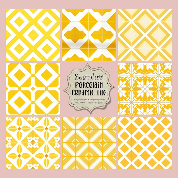 8 Yellow and White Seamless Patterns Yellow Ceramic Porcelain Pattern Geometric Tile Designs Instant Download Plus 1 FREE Bonus design