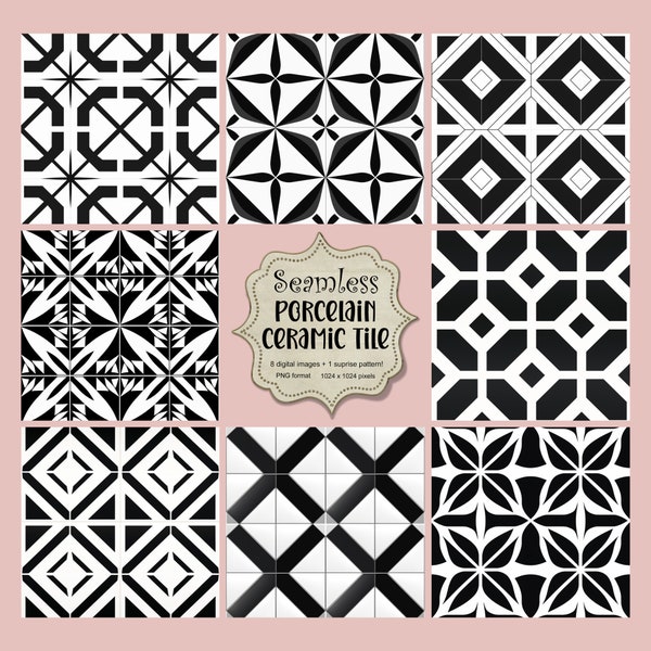 8 Black and White Seamless Patterns Black Ceramic Porcelain Pattern Black Geometric Tile Designs Instant Download Plus 1 FREE Bonus design