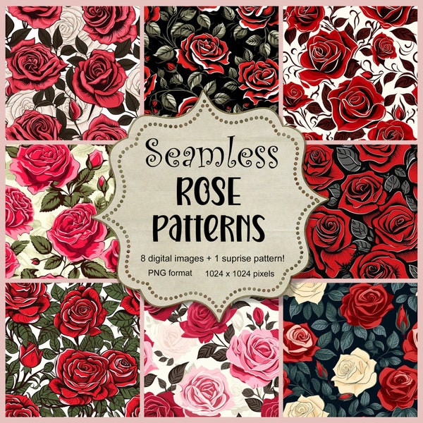 8 Rose Seamless Patterns Rose Tile Pattern Red Roses Seamless Designs Instant Download Plus 1 FREE Bonus Design
