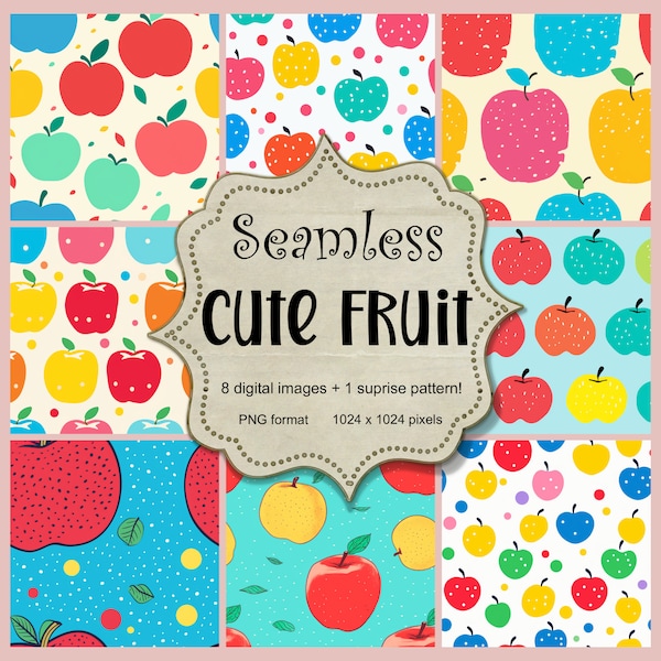 8 Cute Apples Seamless Patterns Fruit Tile Pattern Cute Fruit Theme Seamless Designs Instant Download Plus 1 FREE Bonus Design